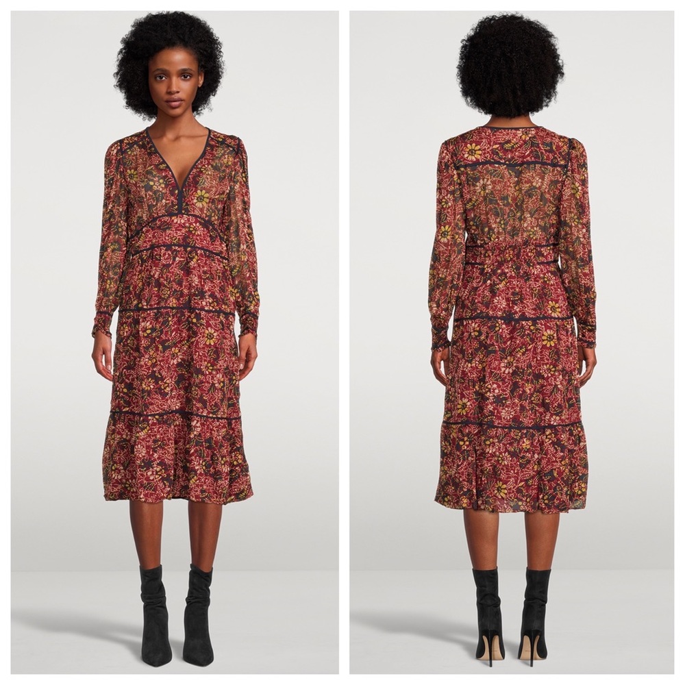NWT Ba&Sh Gigi Tiered Midi Red Floral Print Long Sleeve Dress size XS & M 0 & 2
